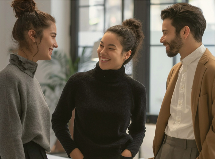 Three people smiling and talking indoors.